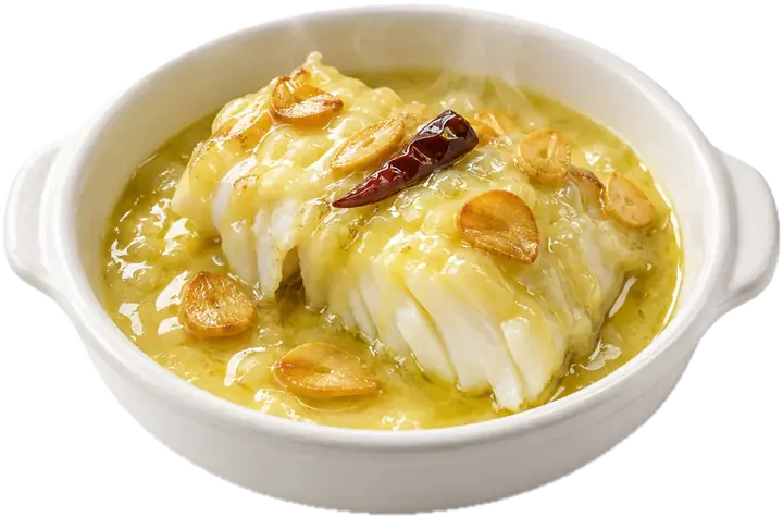 Lomo de bacalao al pil-pil en cazuela con ajos laminados y guindilla
