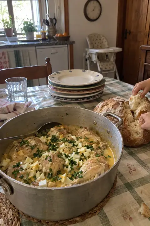 Olla grande de pollo en pepitoria sobre un hule de cuadros, con platos apilados y manos de niños cogiendo pan