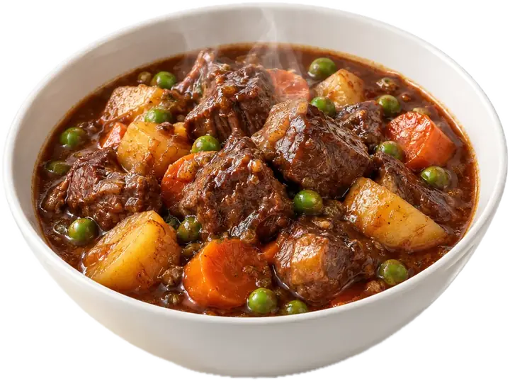 Cuenco de estofado de ternera con patatas, zanahoria y guisantes