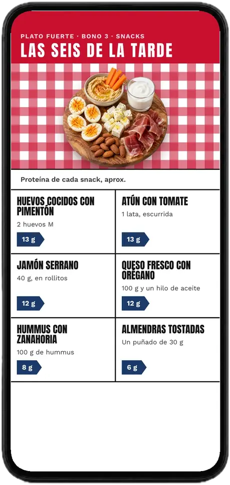 Página de snacks de media tarde abierta en un móvil, cada uno con sus gramos de proteína
