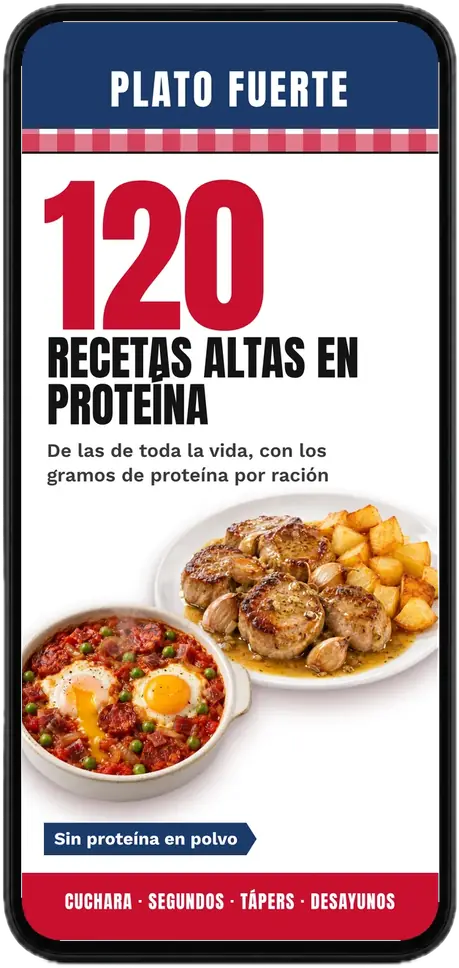 Portada del recetario Plato Fuerte abierta en un móvil: 120 recetas altas en proteína