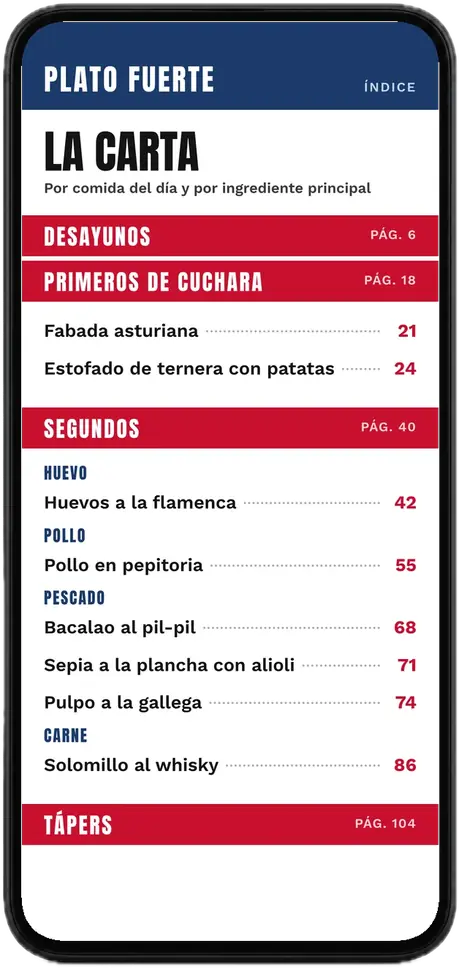 Índice del recetario en un móvil, ordenado como una carta: desayunos, cuchara, segundos por ingrediente y tápers