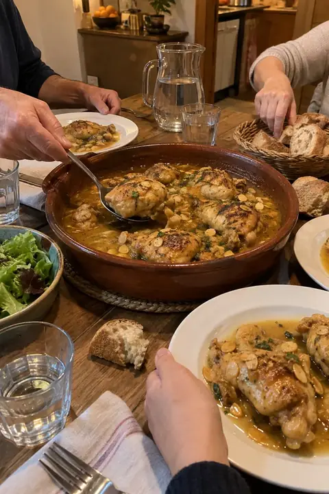 Mesa familiar con una cazuela de pollo en salsa de almendra en el centro y manos sirviendo pan